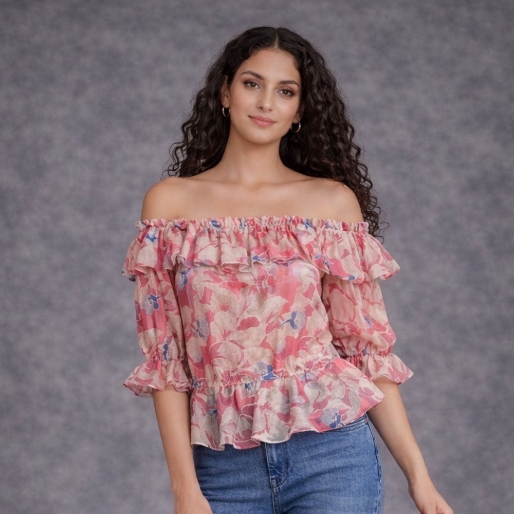 Ted Baker Harina Pink Floral Ruffle Off The Shoulder Top Size 1 US 4 Small